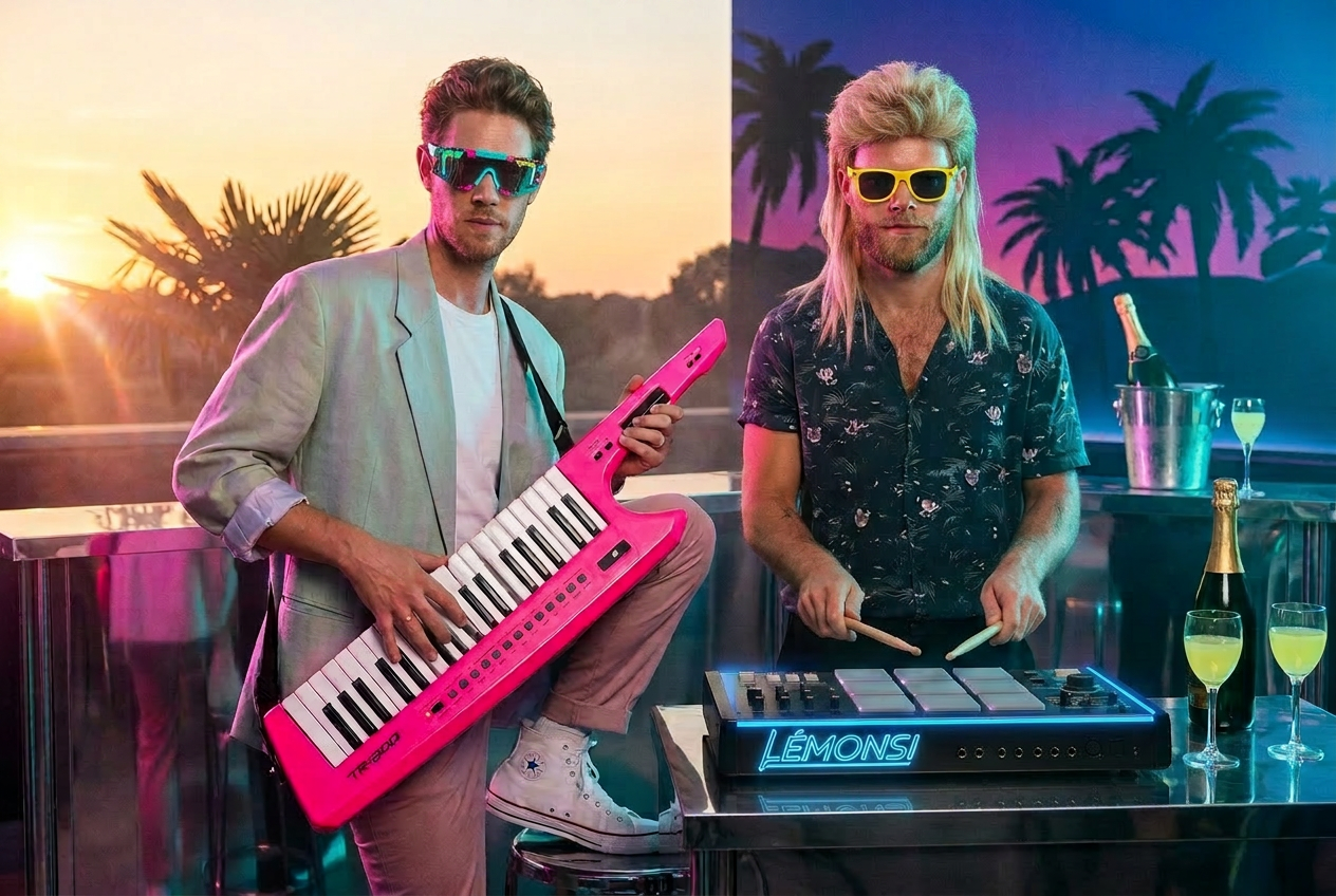 Lémonsi — Simone and Emilio, italo-disco duo with keytar and Roland drum machine at sunset
